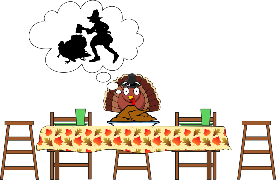 A picture of a turkey thinking, and eating dinner on thanksgiving.